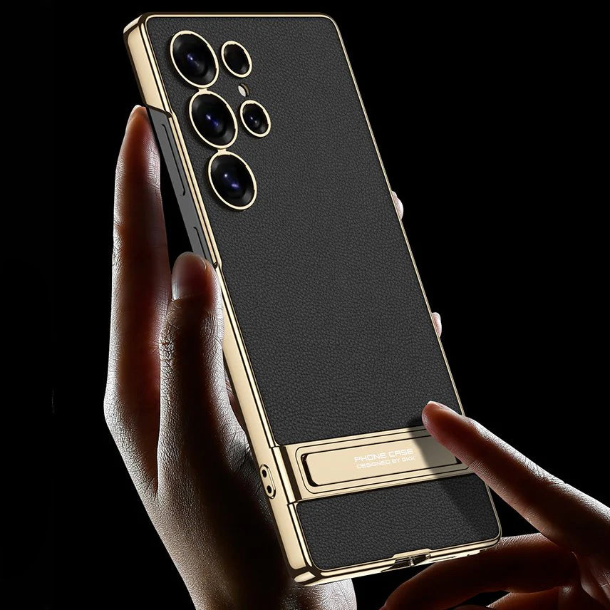 Triumph Electroplating Leather Golden Stand Case - Galaxy S25 Ultra