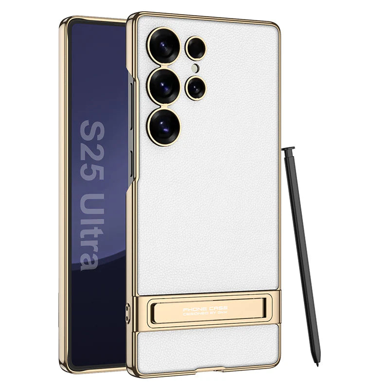 Triumph Electroplating Leather Golden Stand Case - Galaxy S25 Ultra