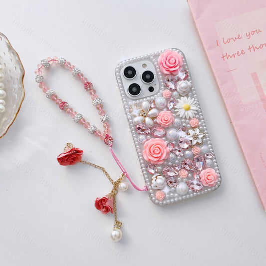 Glitter Rhinestone Diamond Crystal Sparkle Rose Flower Pearl Bracelets Case For iPhone 15 Series