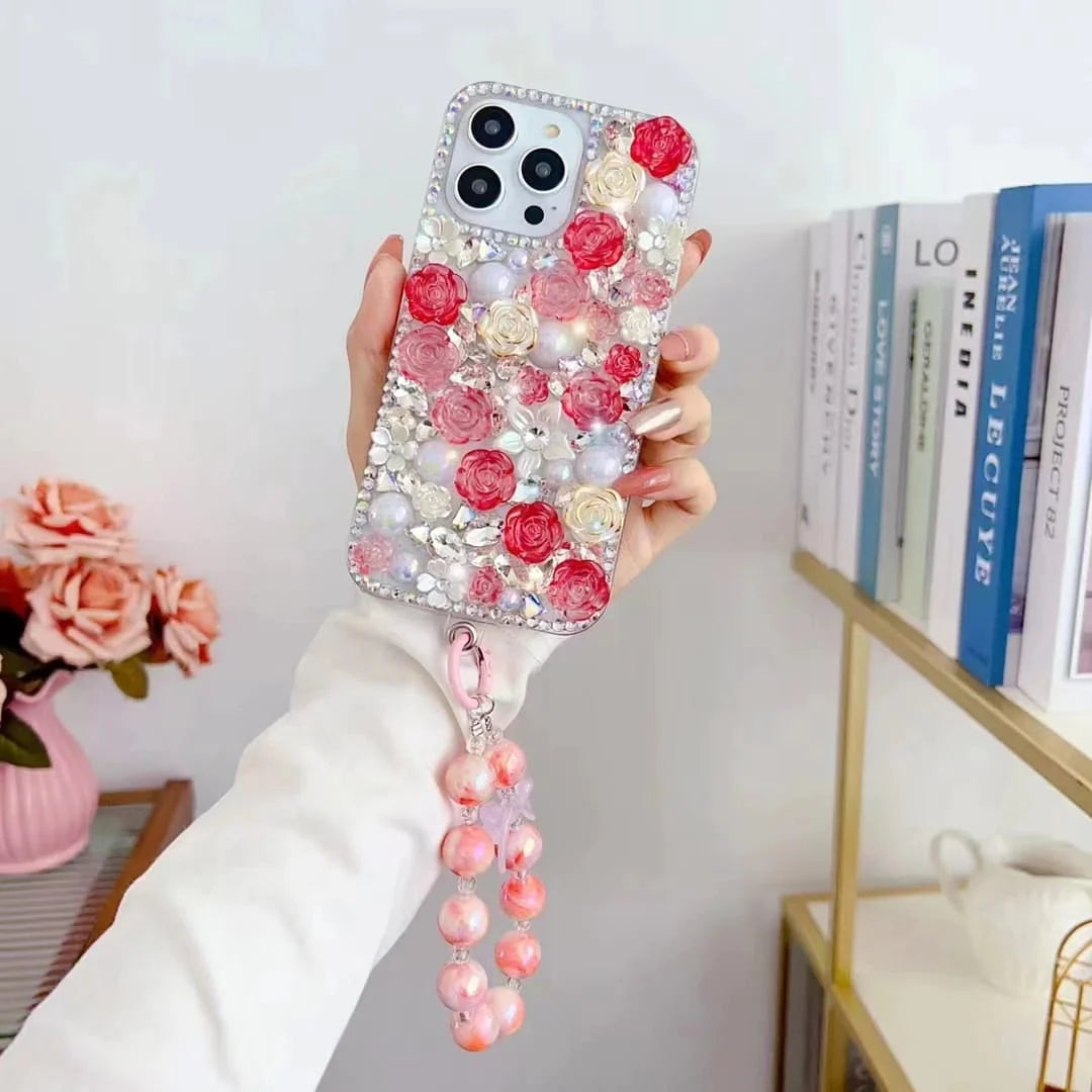 Roses Shimmering Diamond Stone Lanyard Case - iPhone