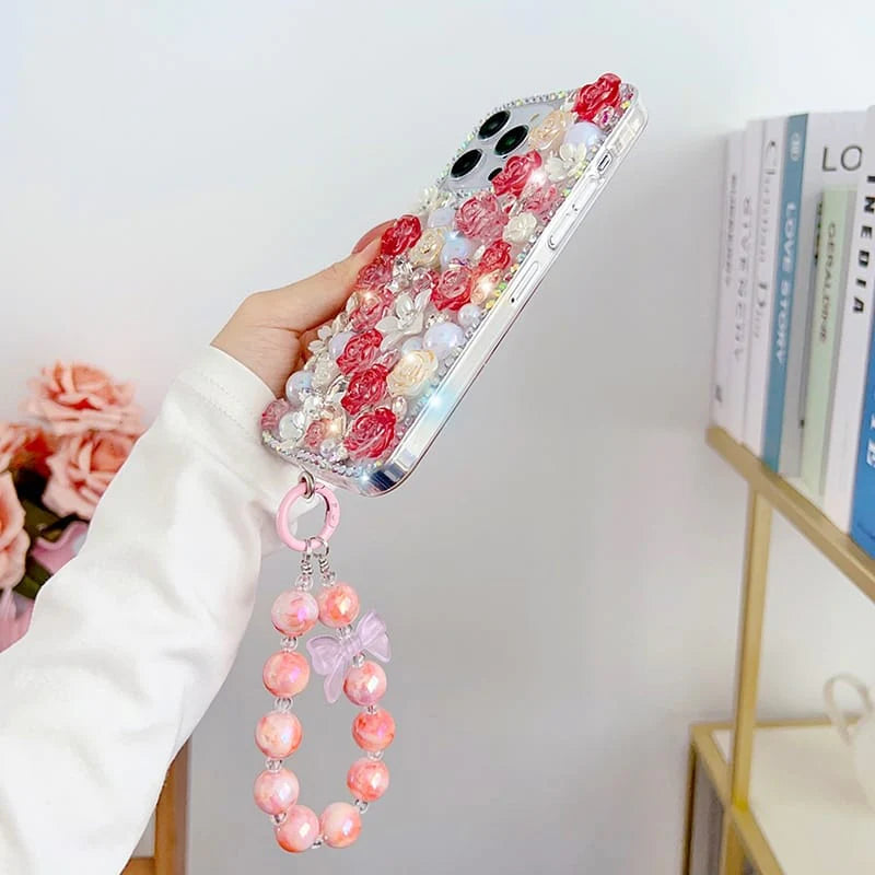 Roses Shimmering Diamond Stone Lanyard Case - iPhone