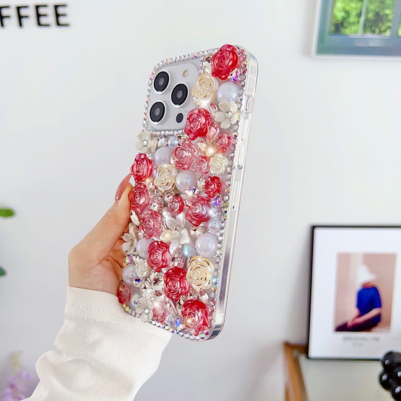 Roses Shimmering Diamond Stone Lanyard Case - iPhone