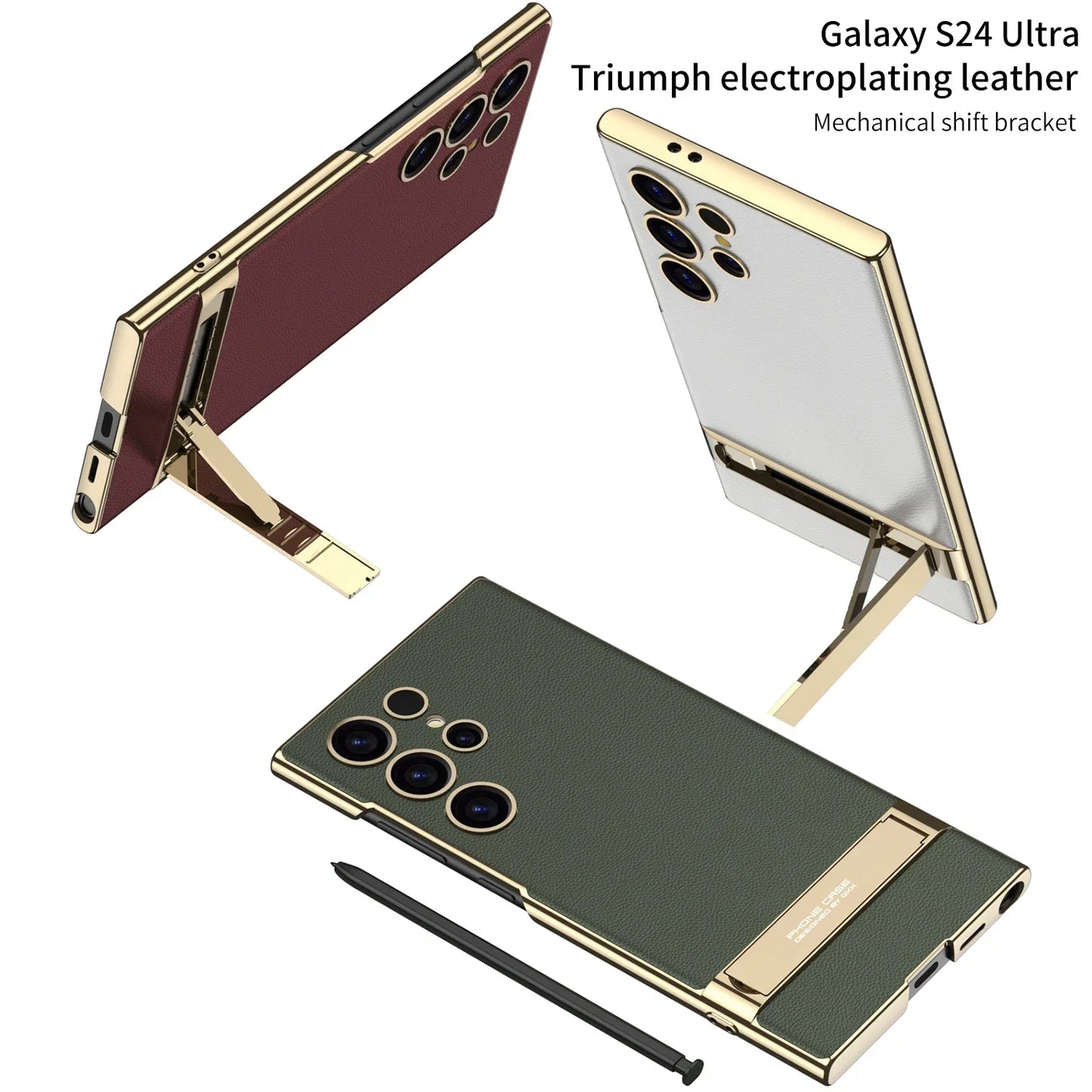 Galaxy S24 Ultra Shockproof Triumph Electroplating Leather Stand Case