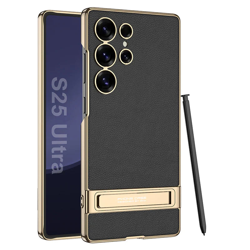 Triumph Electroplating Leather Golden Stand Case - Galaxy S25 Ultra