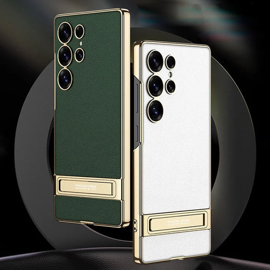 Triumph Electroplating Leather Golden Stand Case - Galaxy S25 Ultra