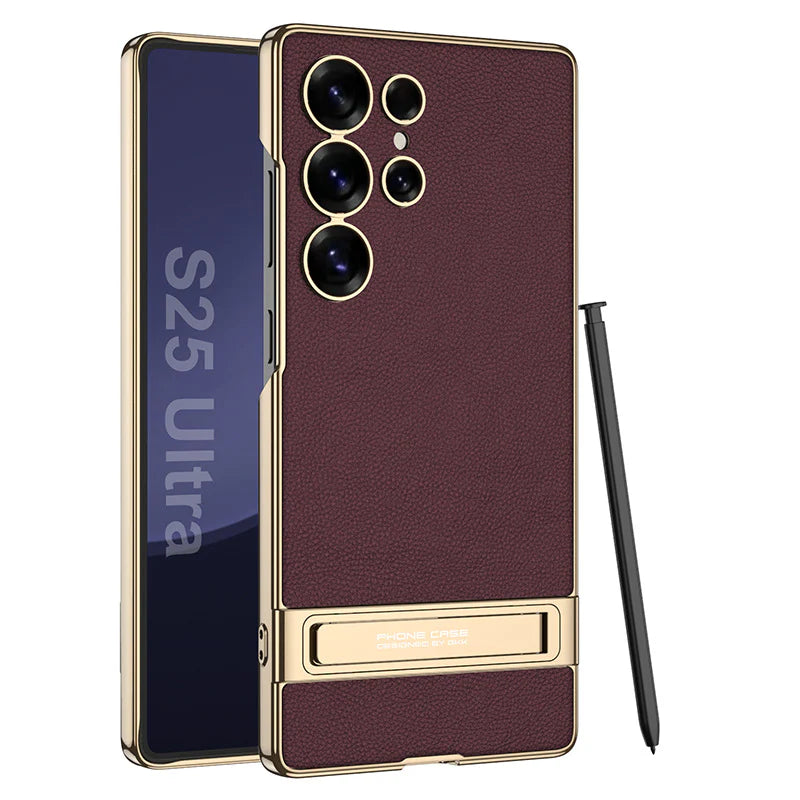 Triumph Electroplating Leather Golden Stand Case - Galaxy S25 Ultra