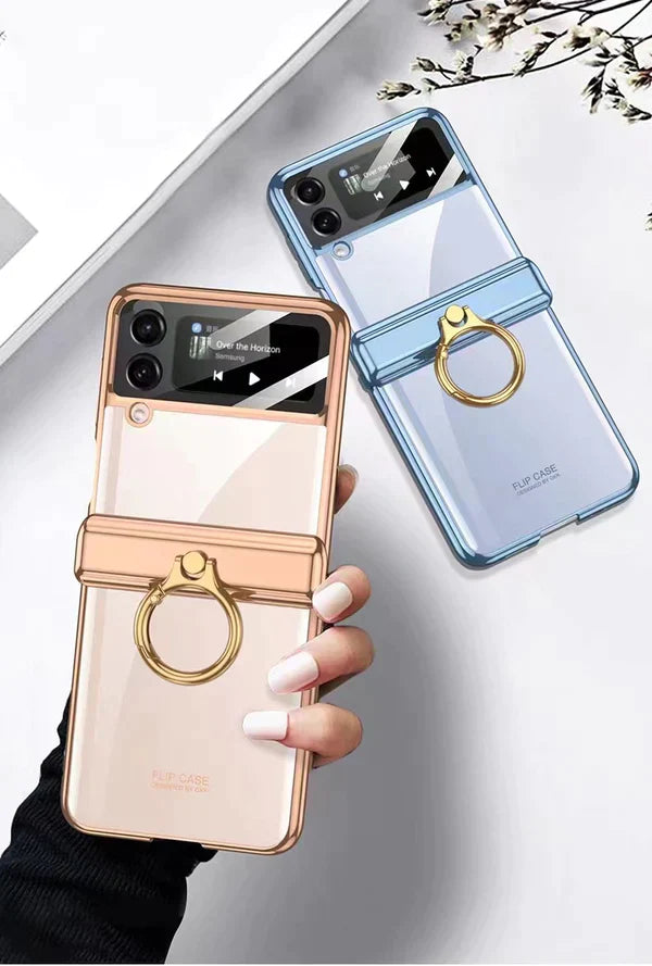 Plating Galaxy Z Flip 4 Case with Luxury Ring, Hing Part and Lens Protector