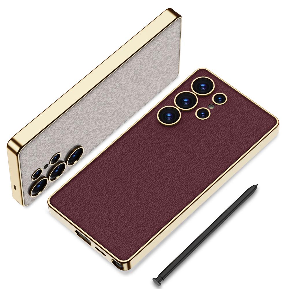 Luxury Leather Golden Boarder Case For Galaxy S25 Ultra