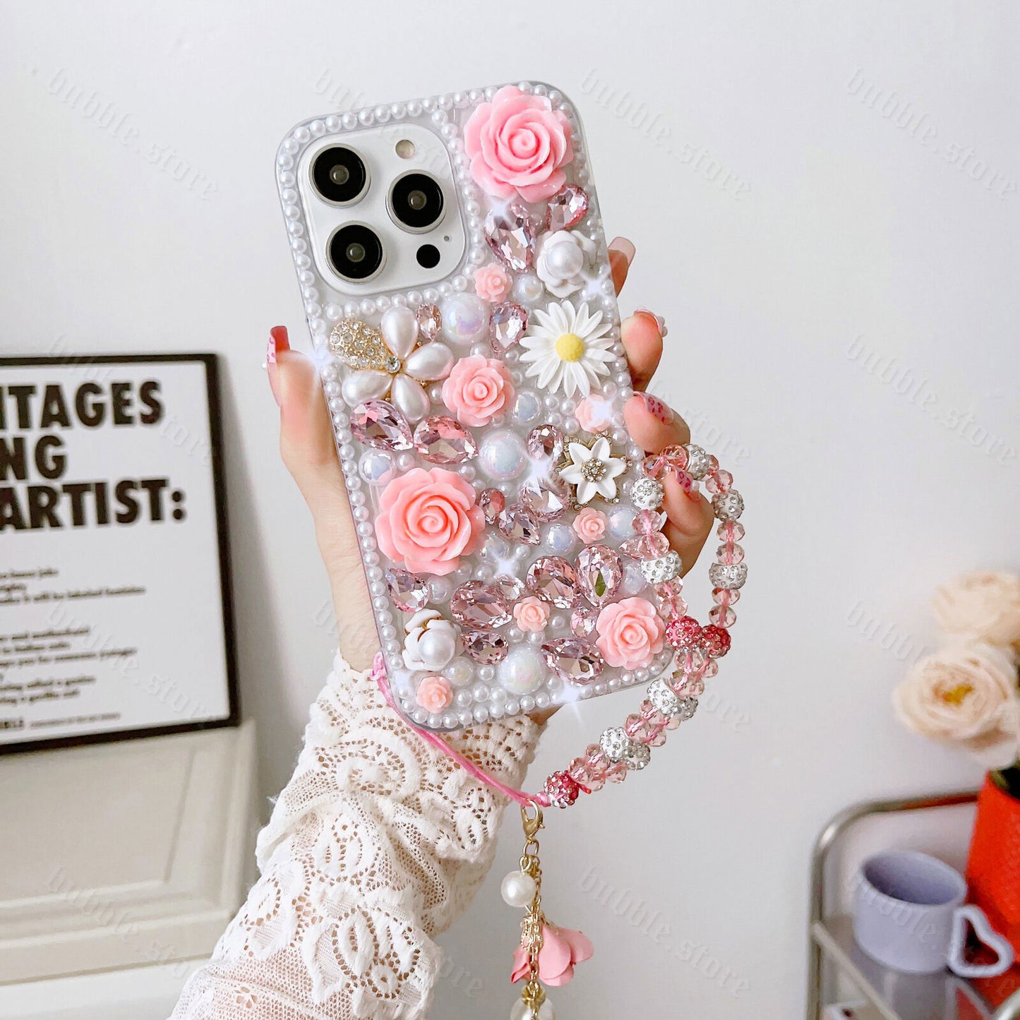 Glitter Rhinestone Diamond Crystal Sparkle Rose Flower Pearl Bracelets Case For iPhone 15 Series