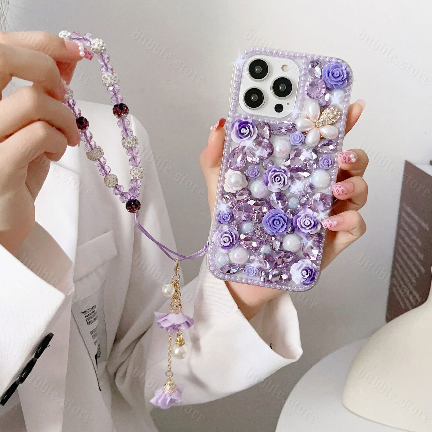 Glitter Rhinestone Diamond Crystal Sparkle Rose Flower Pearl Bracelets Case For iPhone 15 Series