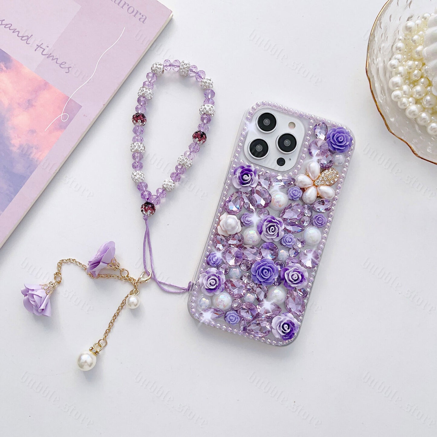 Glitter Rhinestone Diamond Crystal Sparkle Rose Flower Pearl Bracelets Case For iPhone 15 Series