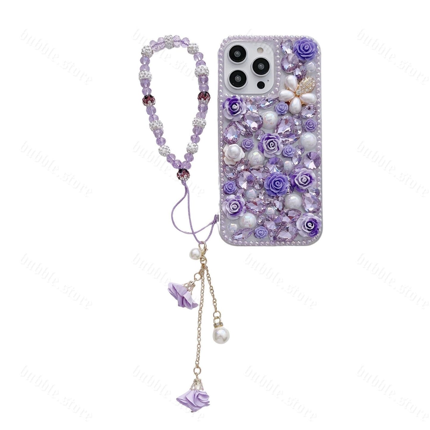 Glitter Rhinestone Diamond Crystal Sparkle Rose Flower Pearl Bracelets Case For iPhone 15 Series