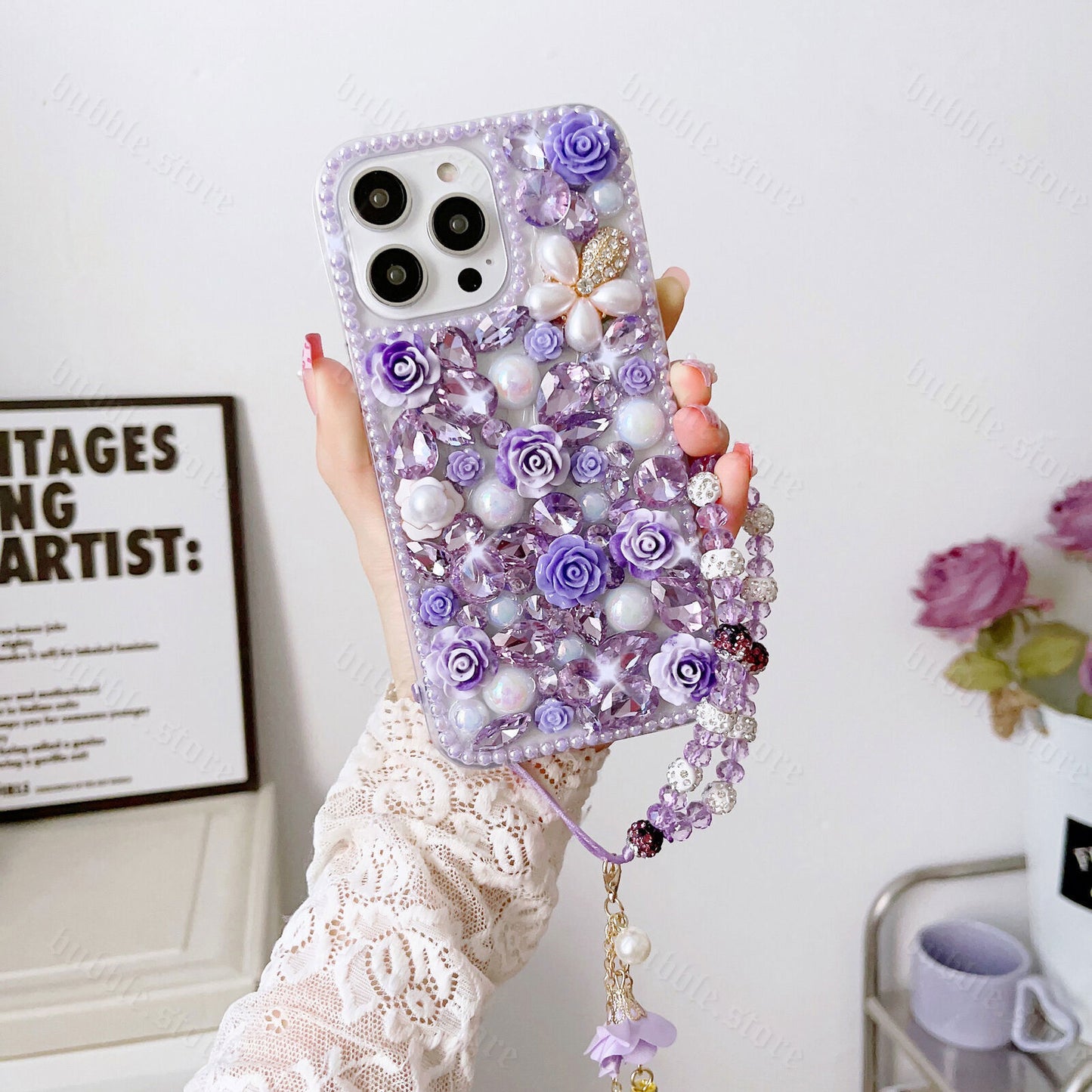 Glitter Rhinestone Diamond Crystal Sparkle Rose Flower Pearl Bracelets Case For iPhone 15 Series