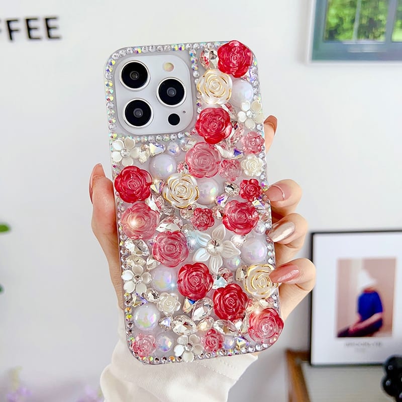 Roses Shimmering Diamond Stone Lanyard Case - iPhone