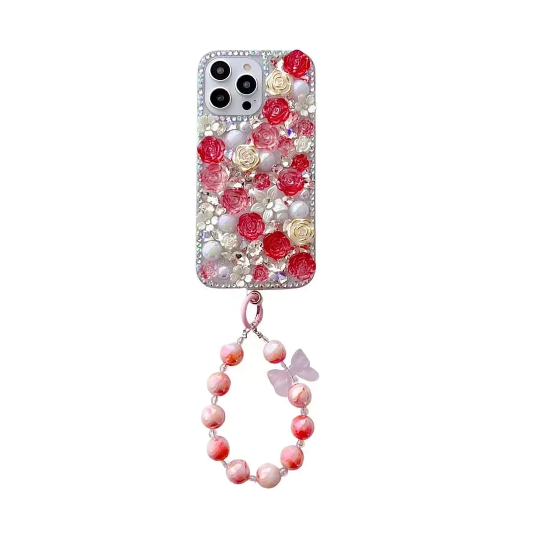 Roses Shimmering Diamond Stone Lanyard Case - iPhone
